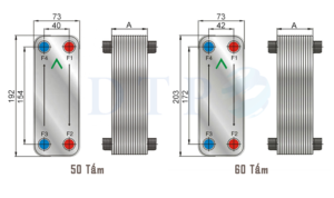 Sơ đồ kích thước của thiết bị trao đổi nhiệt dạng tấm hàn 50-60 tấm (đơn vị: mm)